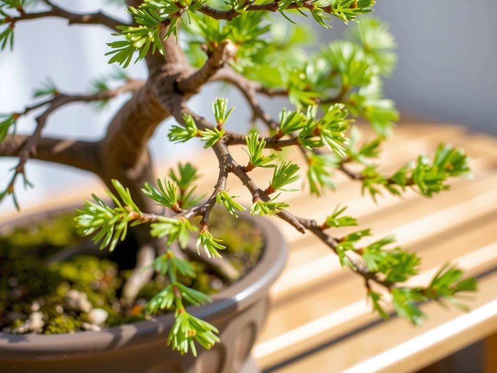 Szczegół bonsai na drewnianej ławce